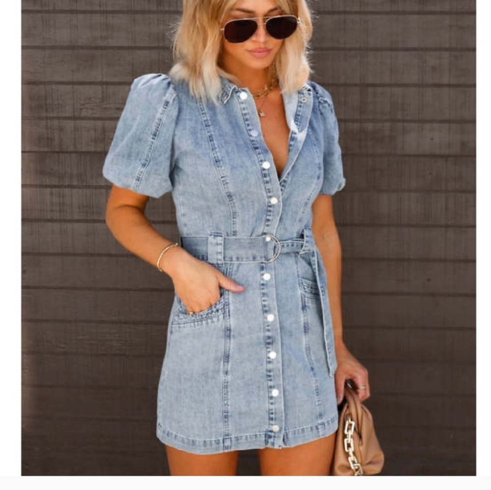 Puff sleeve denim dress